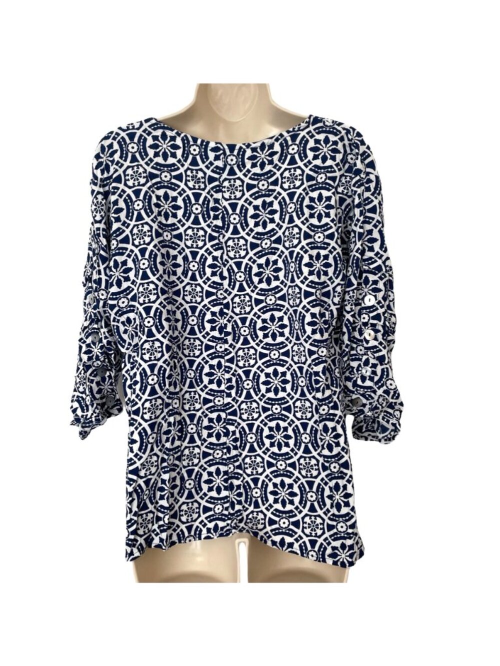 Escapada Printed Top Womens Navy Blue White 1/2 Sleeve V Neck Blouse Size M - Picture 2 of 9